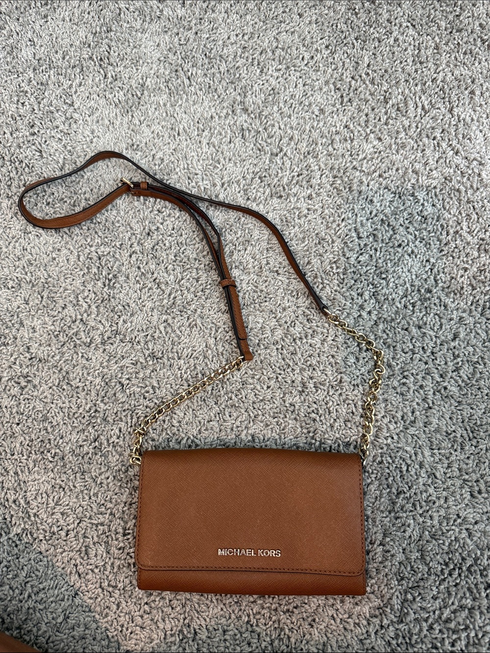 Michael Kors Brown Saffiano Crossbody with Gold Chain